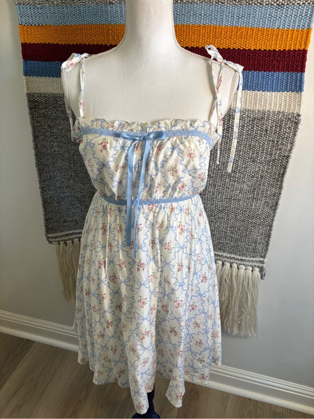 NWT mine Cream Floral Tie-Shoulder Sundress with Blue Trim